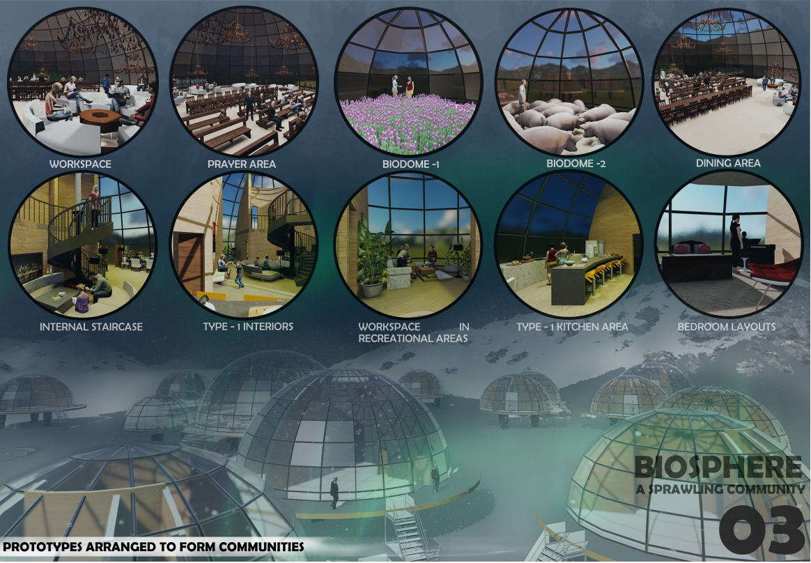 Interior renderings depict vibrant shared spaces—from work areas to biodomes—showing how domes support communal living, food production, and recreation.