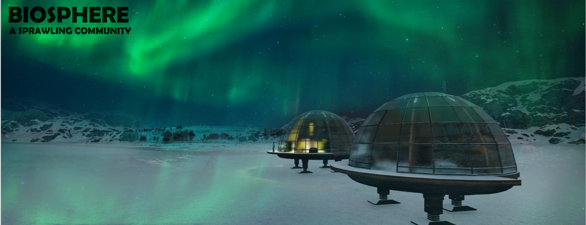 Domes illuminated under the Northern Lights evoke the serene yet futuristic ambiance of an off-grid Arctic settlement.
