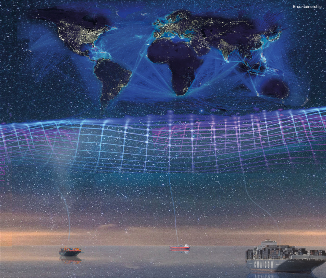 Visualizing a hyper-connected world where containerships become nodes in a global digital arena.