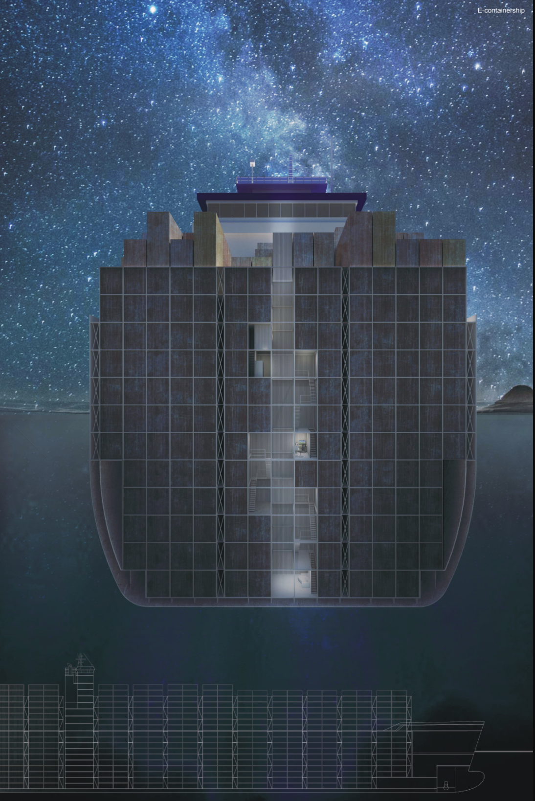 Vertical arrangement of player units and core systems inside the modified containership structure.
