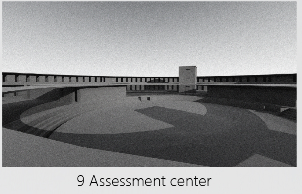 A circular open plaza where inmates undergo psychological and behavioral evaluation before integration.