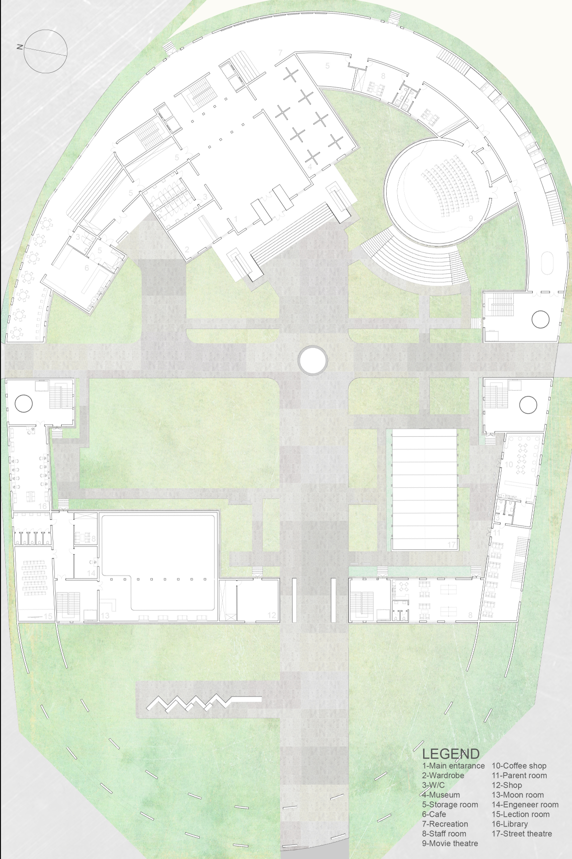 A circular layout integrates museum halls, moon room, cinema, library, and recreation in a cohesive spatial narrative.