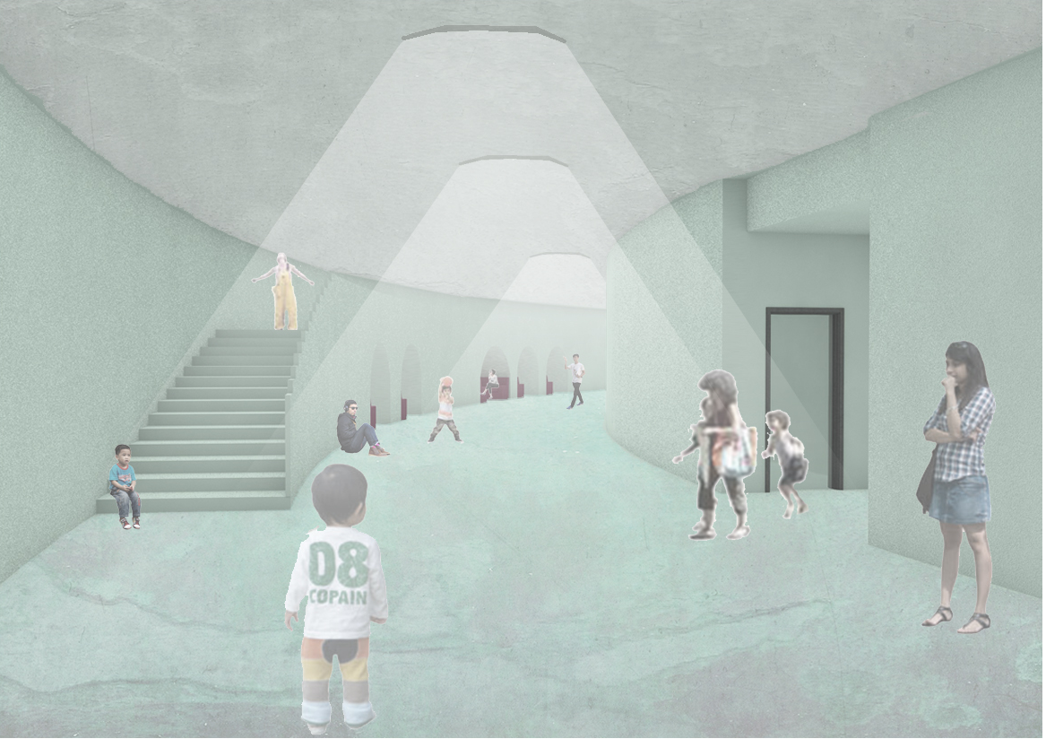 Vaulted niches with natural light create a contemplative, child-friendly environment for play, learning, and rest.