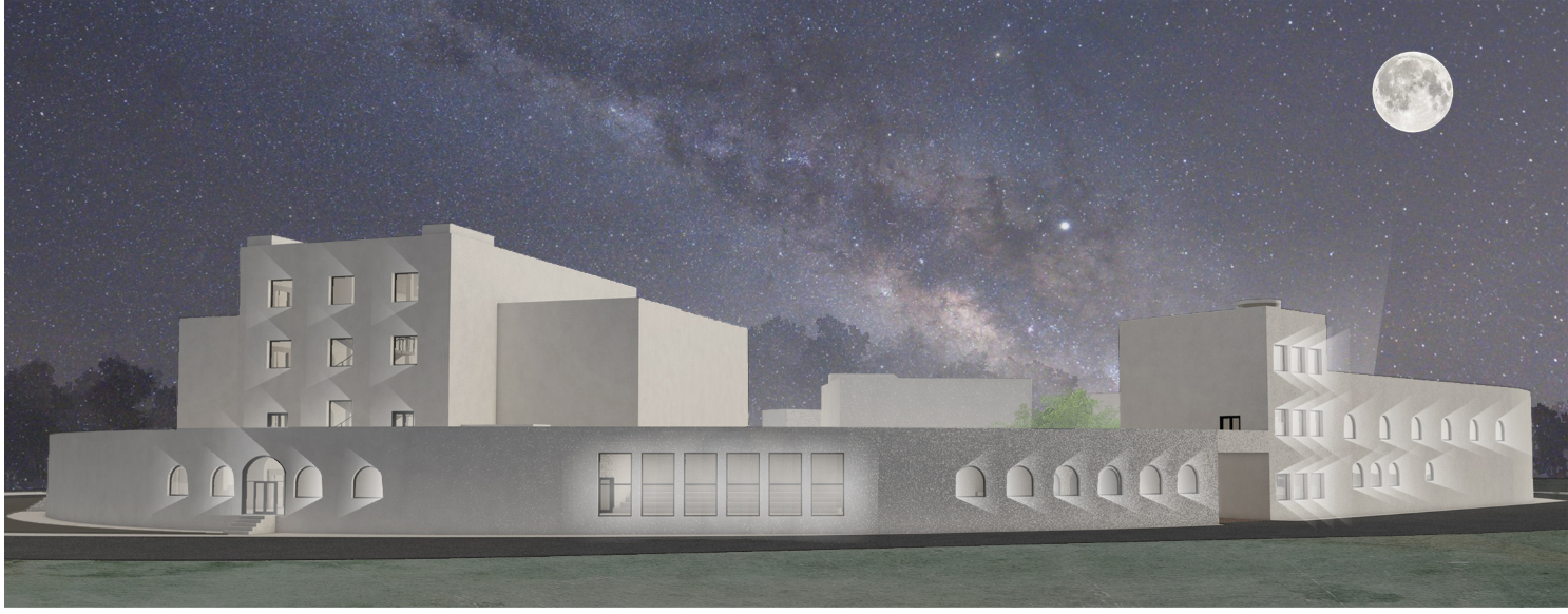 A celestial backdrop enhances the minimal architecture, evoking a cosmic ambiance aligned with the project’s lunar theme.