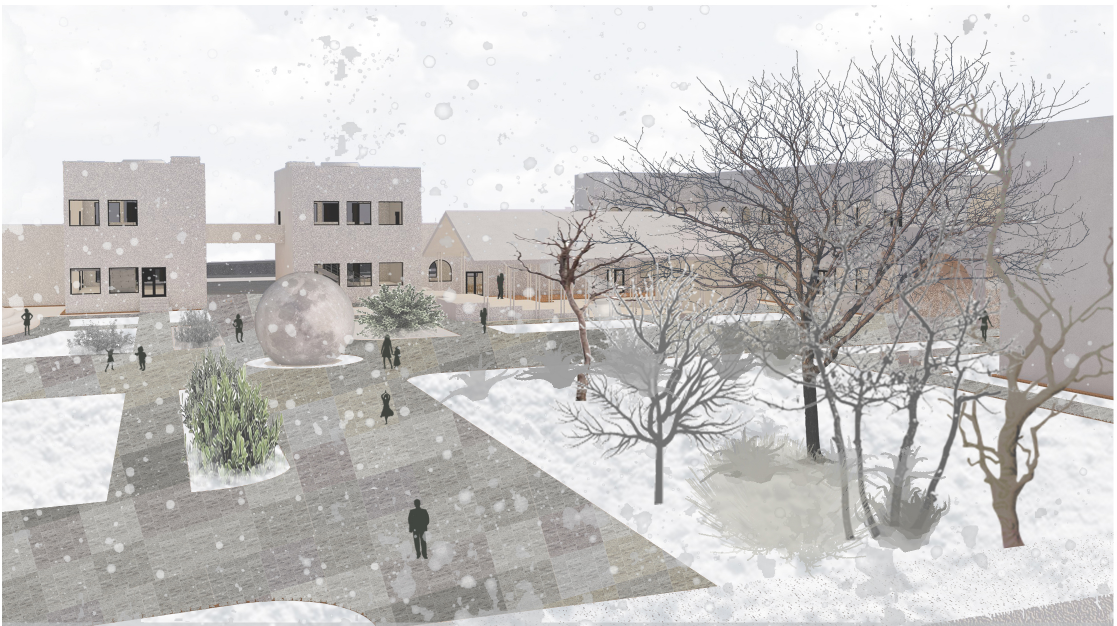 The architecture responds to seasonal change, maintaining its immersive and functional essence even in snowfall.