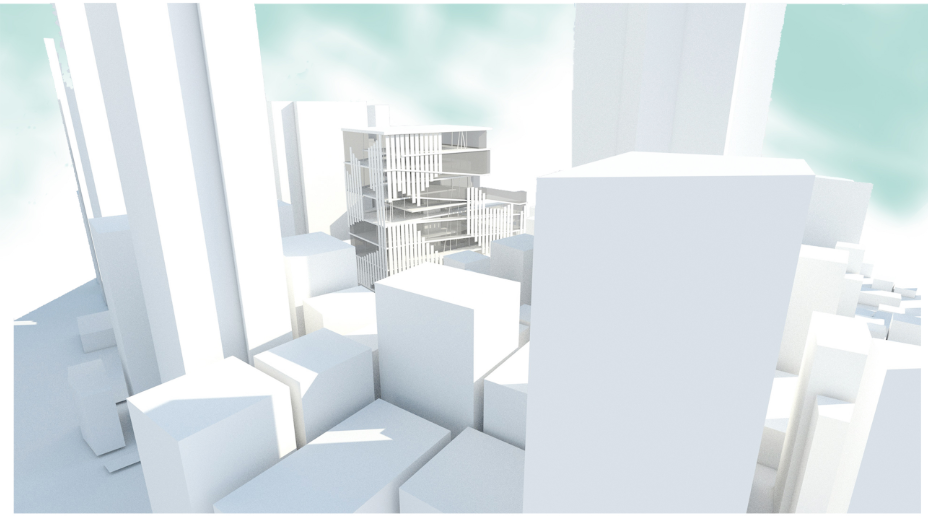 Physical model showing the terraced tower rising among surrounding blocks in an urban context