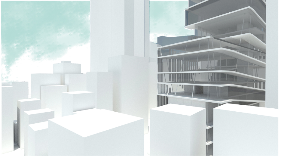 Physical model detail of the stacked floor plates with vertical louver elements on the facade