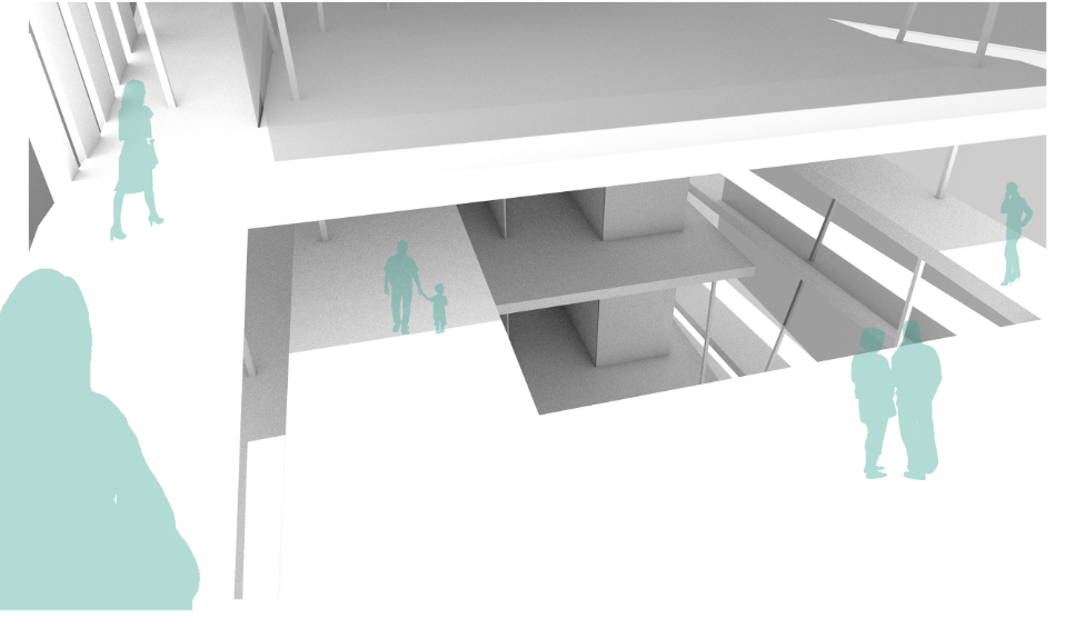 Sectional model view showing split-level interior spaces with translucent human figures for scale