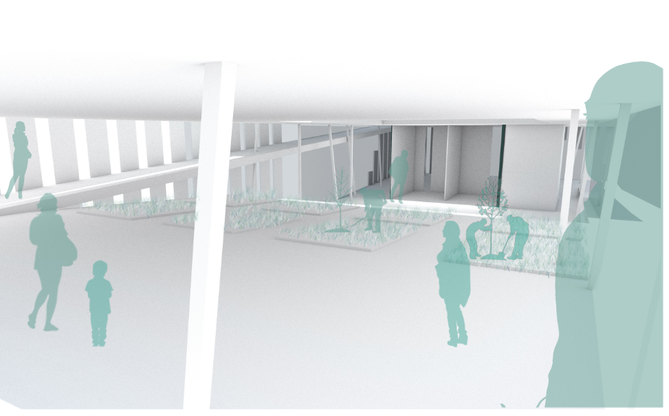 Interior perspective rendering of the courtyard with planted beds and figures beneath slatted screening