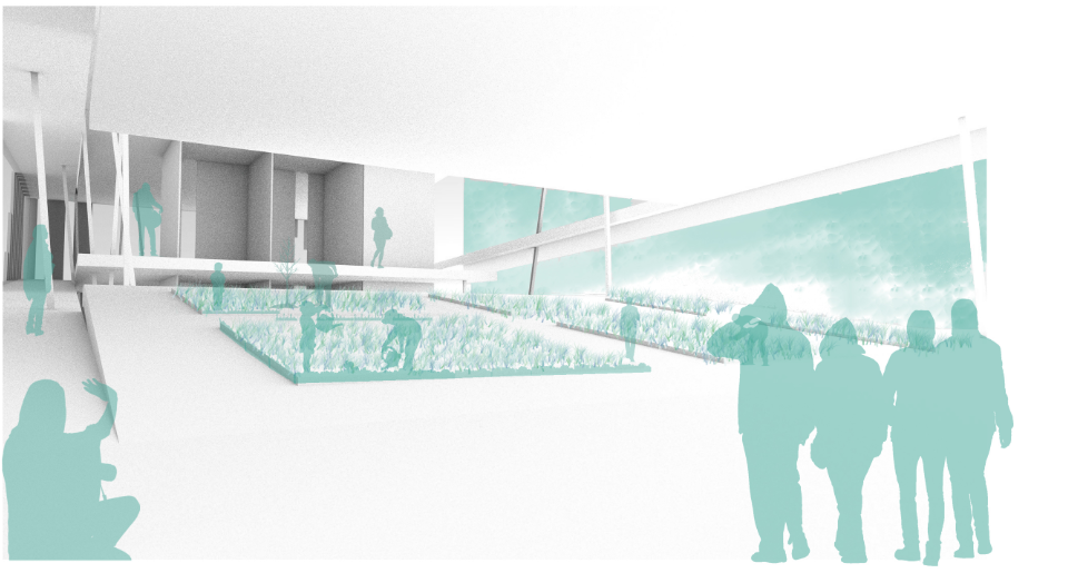 Interior perspective rendering of the ramped circulation space connecting levels with figures and planted areas