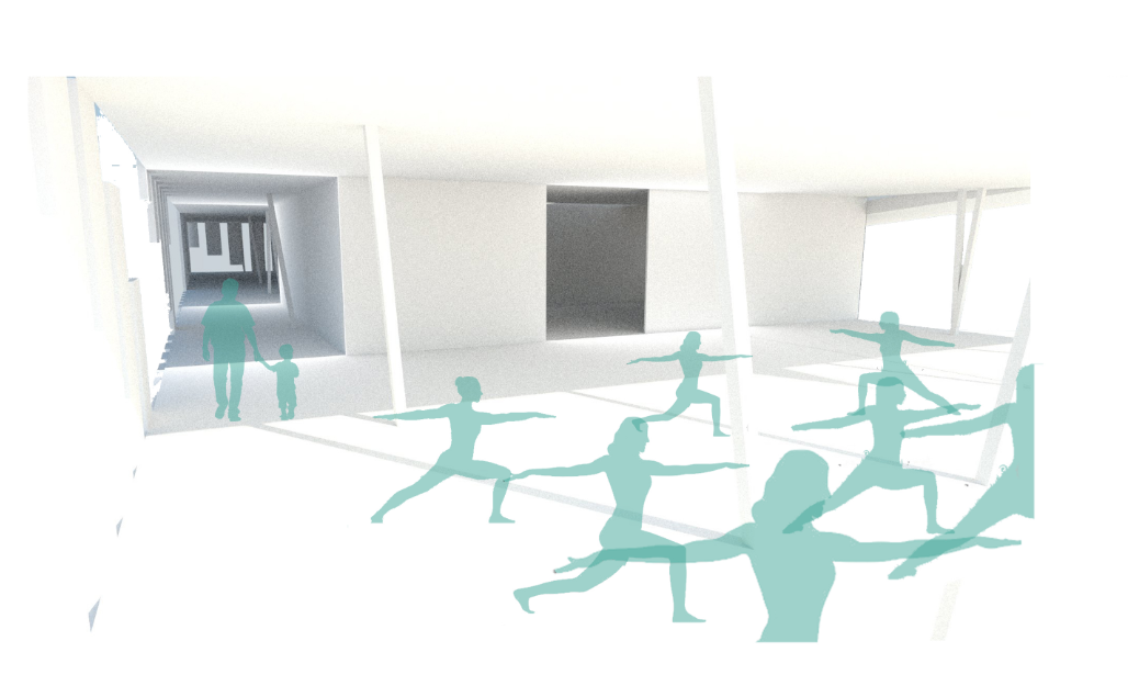 Interior perspective rendering of the multipurpose room with figures exercising beneath angled ceiling planes