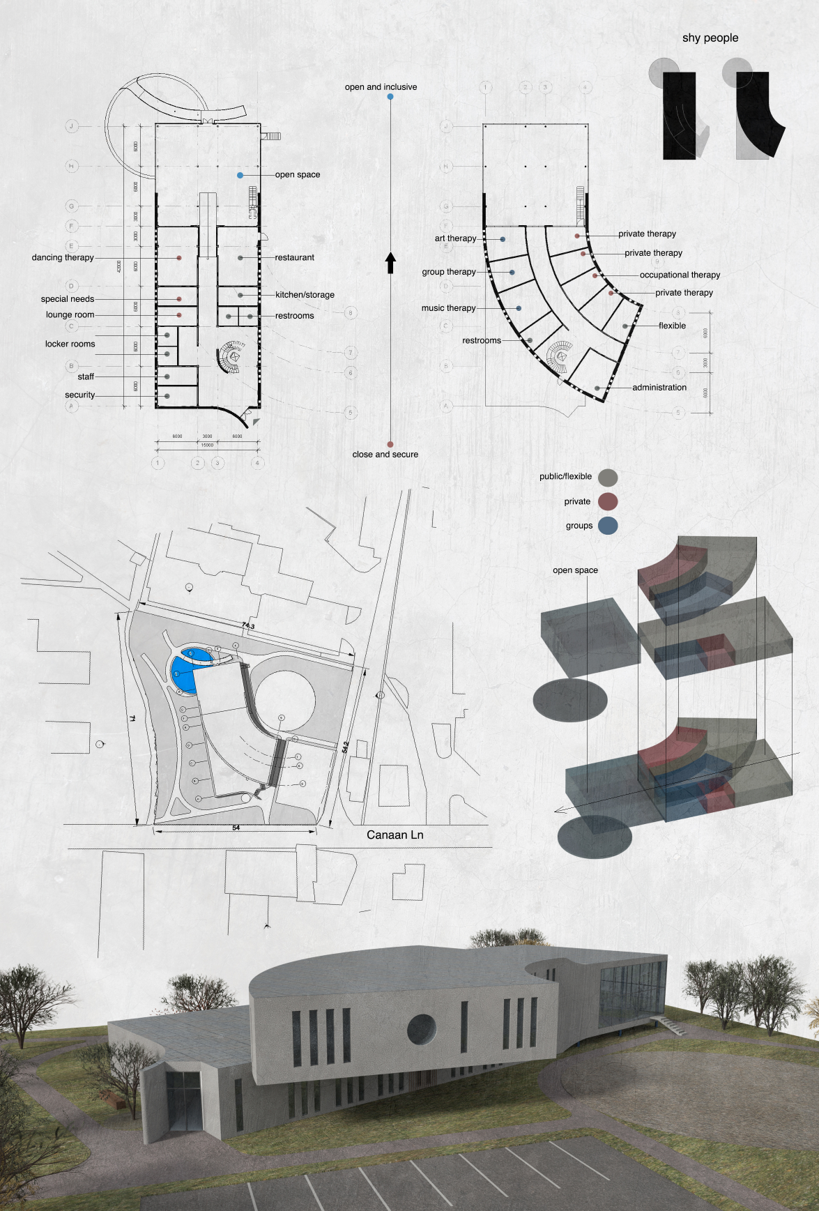 Site zoning and form evolution showing the transition from closed to open spatial strategies.