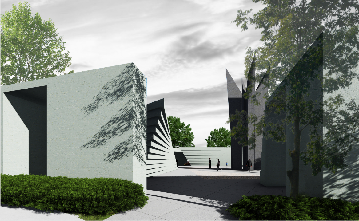 A serene approach to the interfaith cemetery, framed by minimal concrete volumes and symbolic shadows.
