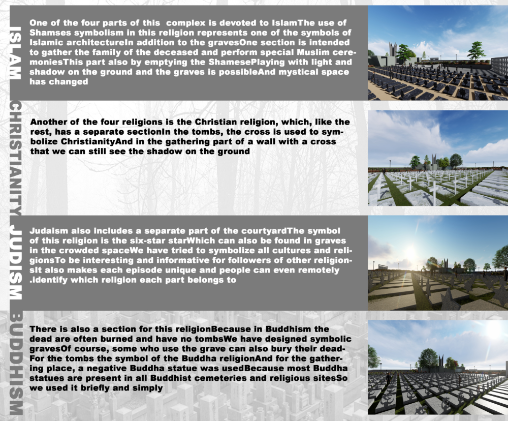 Each courtyard represents a major world religion—Islam, Christianity, Judaism, and Buddhism—through spatial and symbolic design.