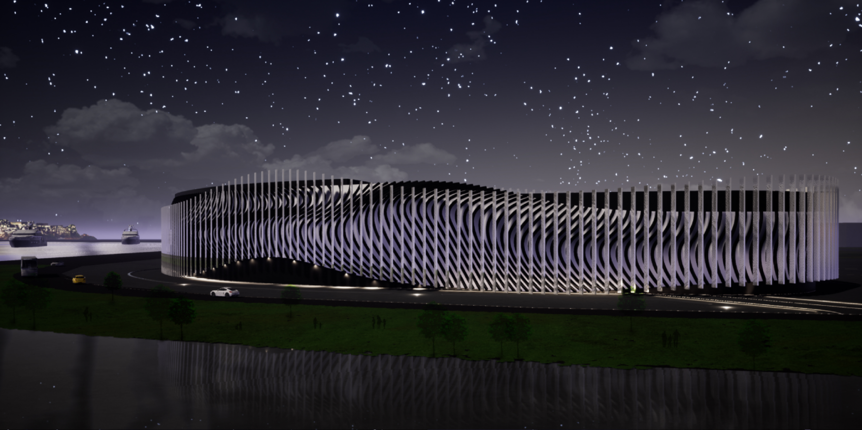 Dynamic façade simulating lunar motion through angled vertical fins and illusionary curves.