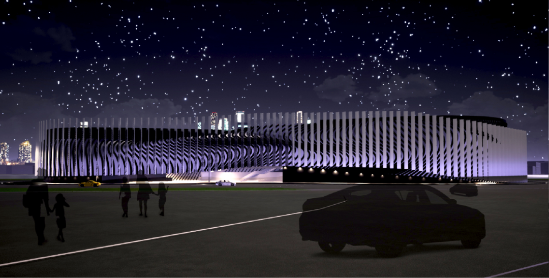 A night-time view reveals the building’s ever-changing form as seen from the city’s edge.