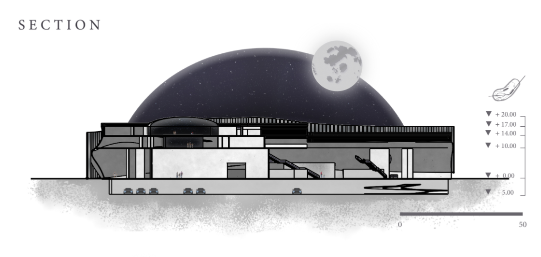 Section cut reveals layered spatial planning simulating lunar environments and astronaut zones.