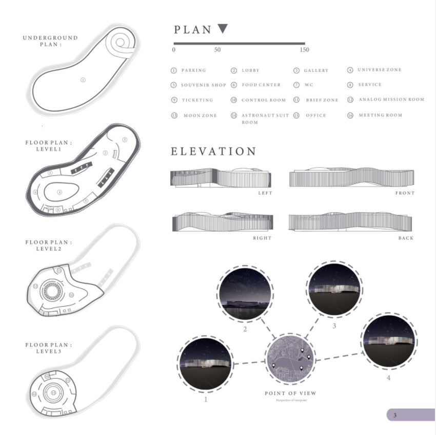 Curved plans and contextual elevations highlight the building’s response to urban perspectives.