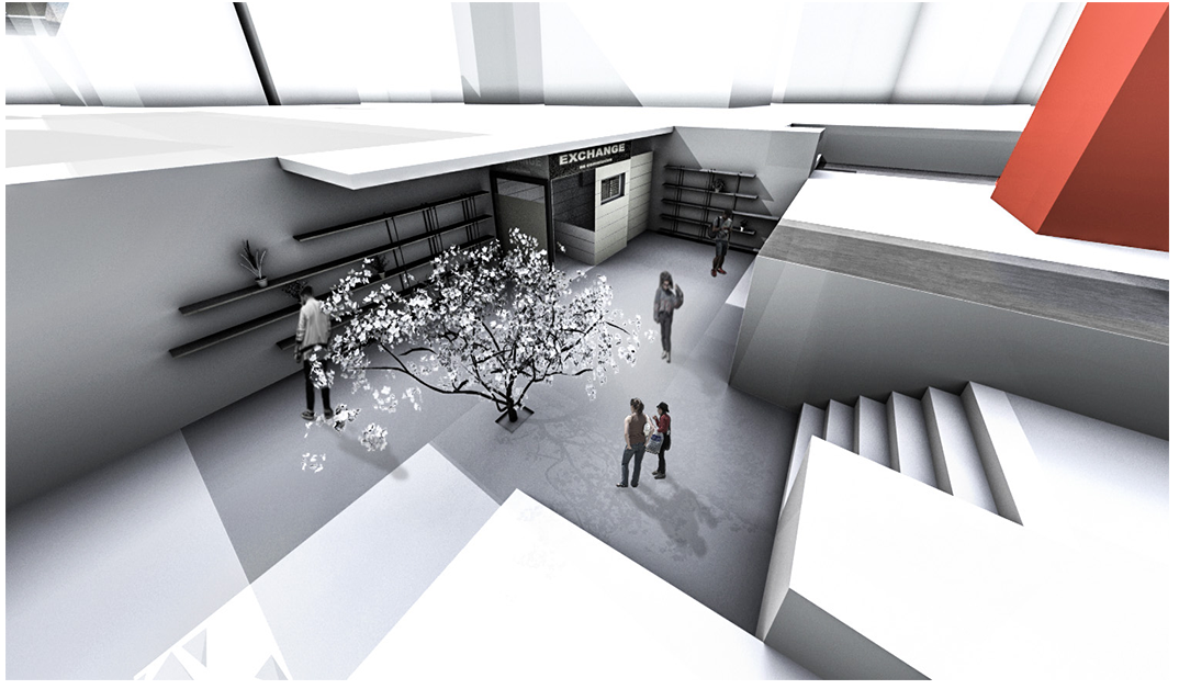 A shaded courtyard with blossom tree and seed exchange station promotes local participation and environmental awareness.