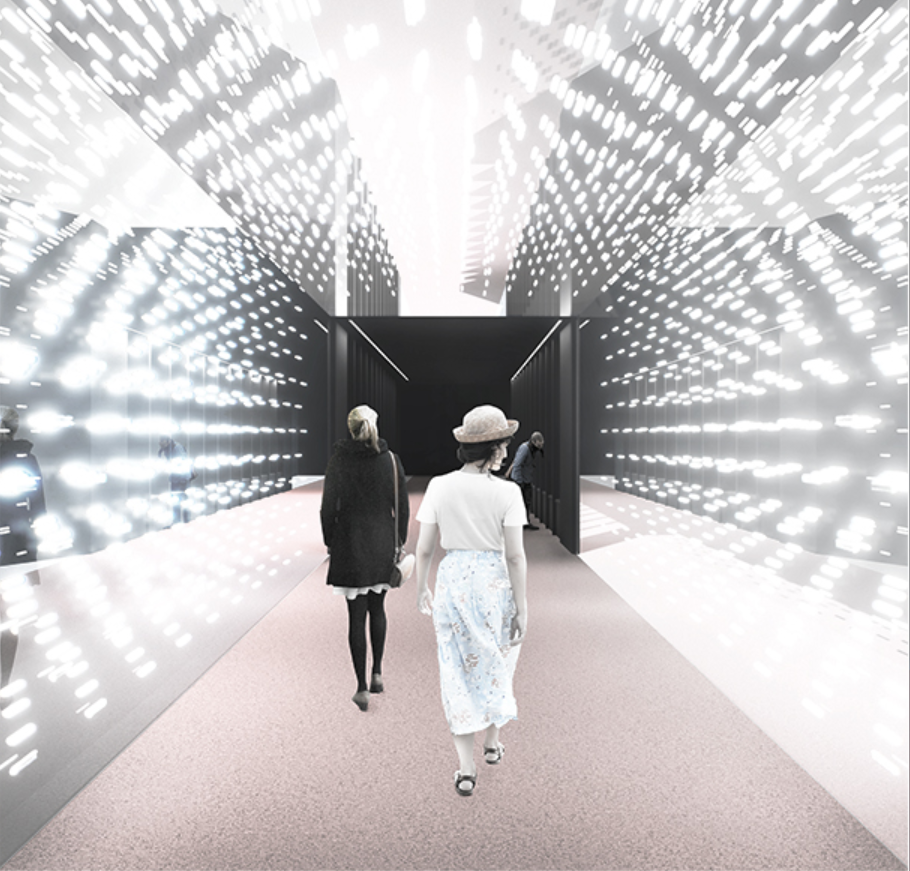 An immersive entry corridor that simulates starlight in motion.