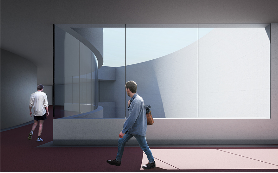 Framed perspectives and curved pathways that lead toward the central space.