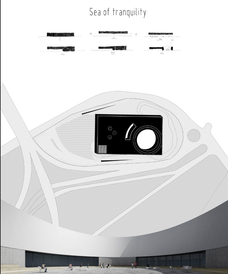 Aerial view of the project plan overlaid on a wide-open skyspace courtyard.