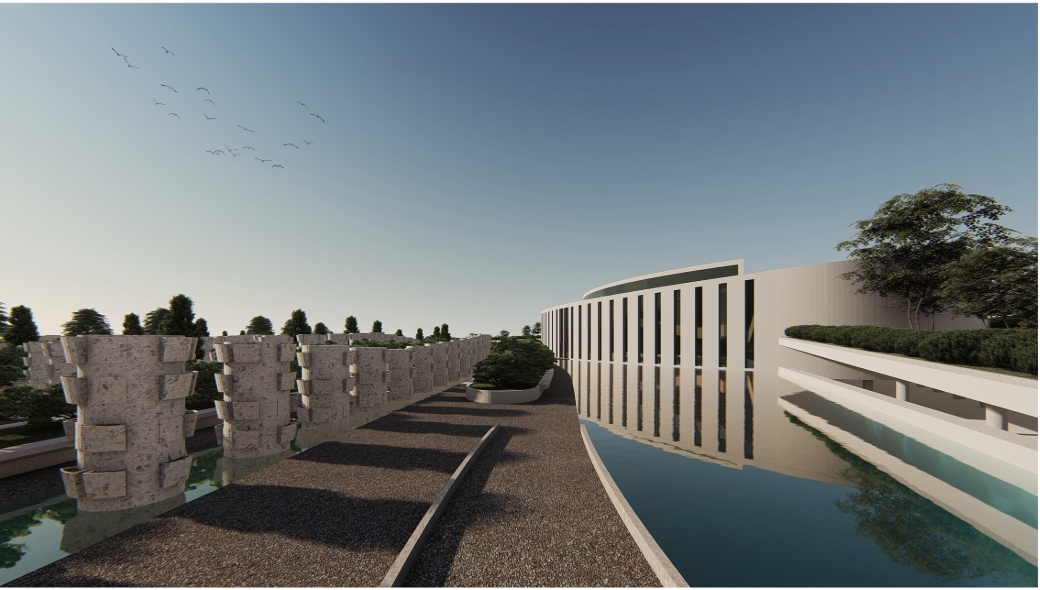 Reflective water channel beside cremation columns enhances the serene approach to the memorial architecture