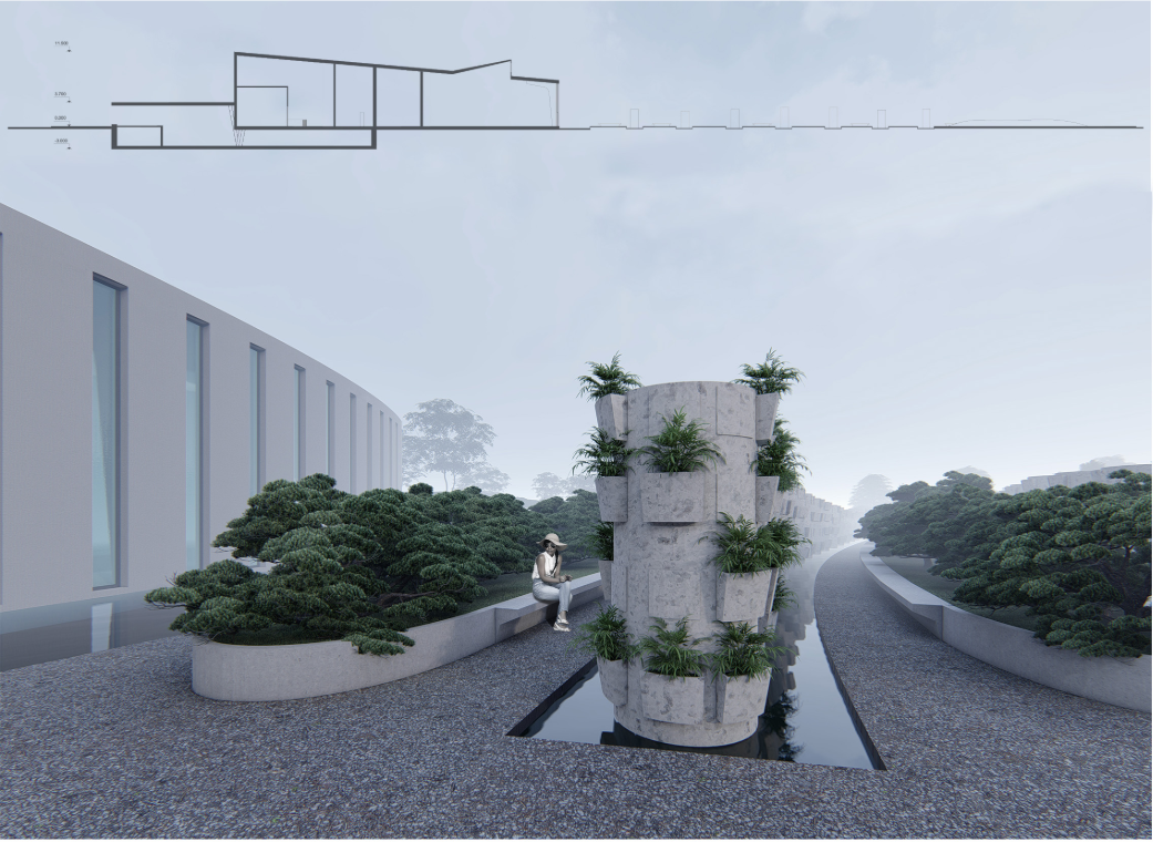 A visitor pauses among vertical garden columns that preserve ashes, merging nature with remembrance.