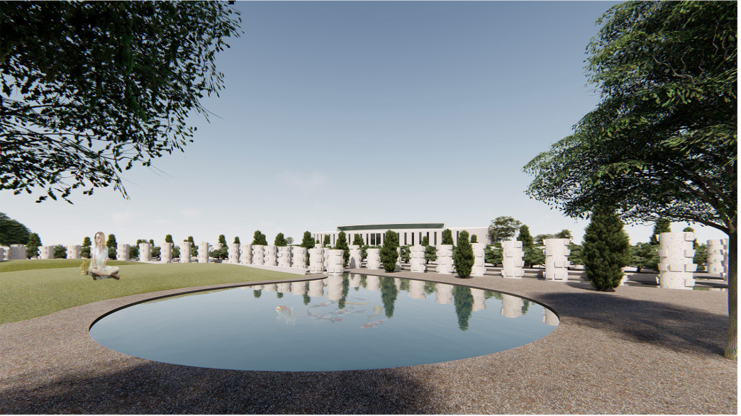 Circular pond forms the centerpiece of a green cemetery landscape, inviting visitors to relax and reflect.