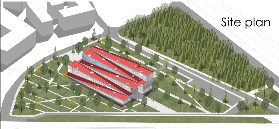 Aerial site plan showcasing integration of library and landscape.