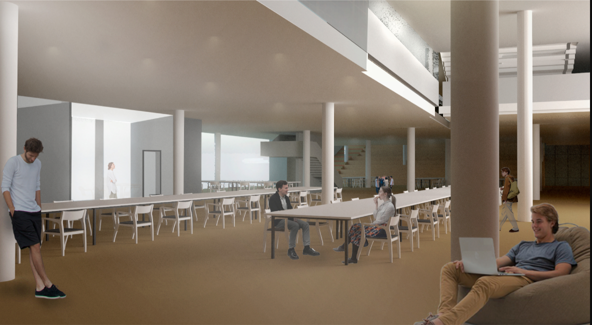 Interior render of flexible and inclusive library workspaces.
