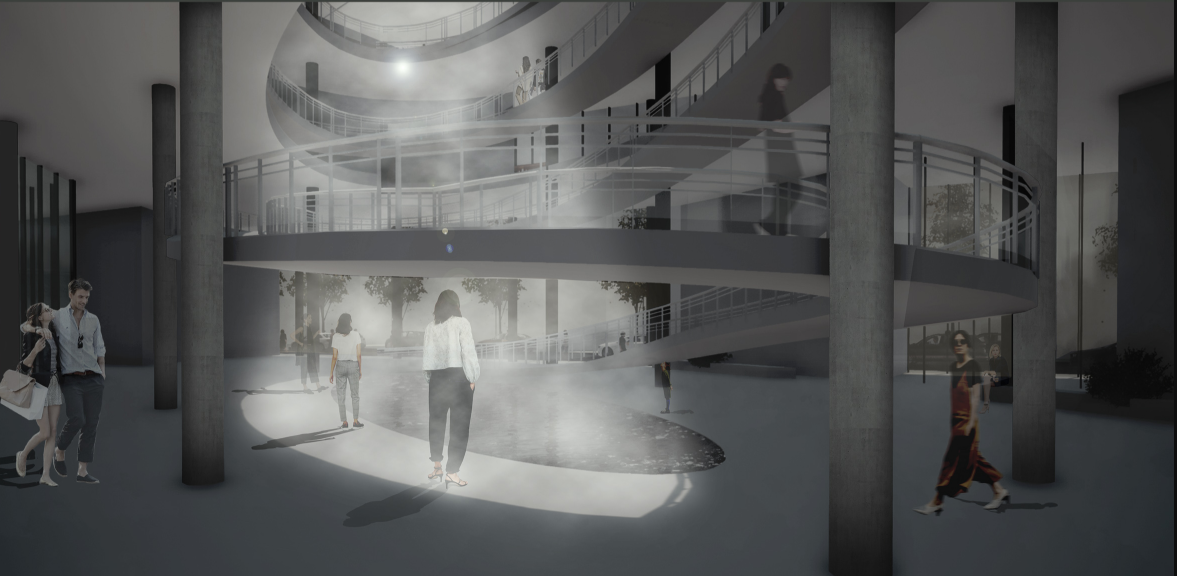Atmospheric interior render of the central atrium, where mist, light, and circulation blend into a sensory spatial experience.