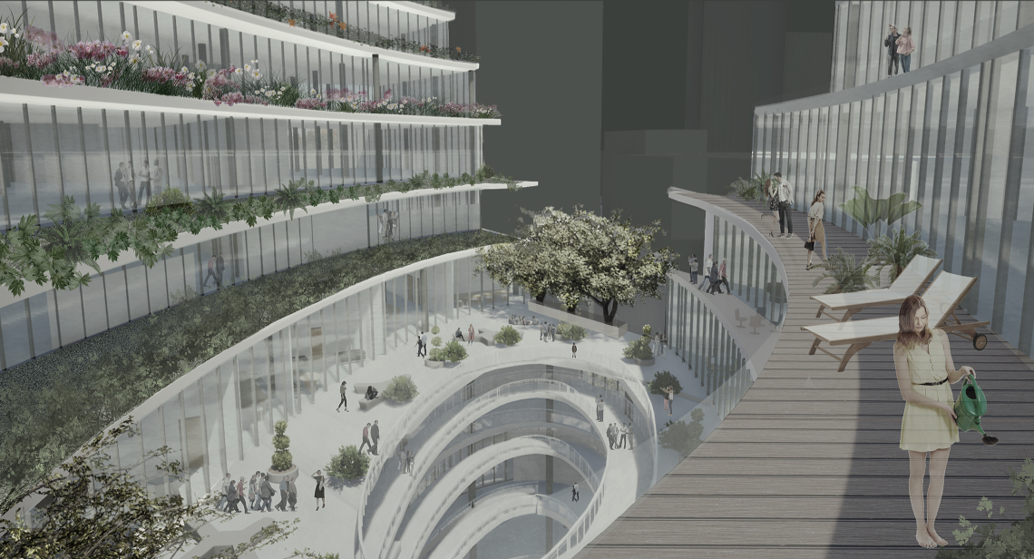 Perspective view of stepped terraces activated with greenery and social spaces, embodying the seasonal "flower calendar."