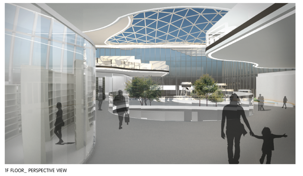 1F interior promenade surrounded by greenery, daylight, and transparency.