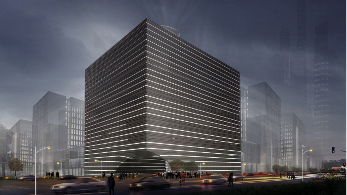 A luminous vertical tower redefines urban mourning through light and elevation.