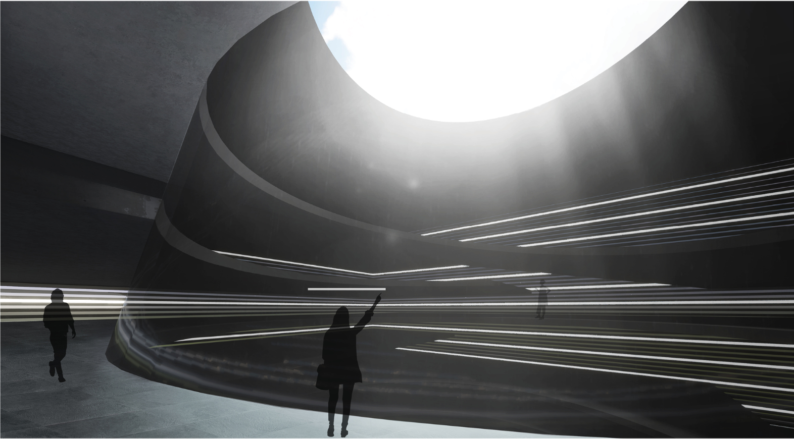 Visitors gather under a celestial oculus, bridging sky and memory through light.