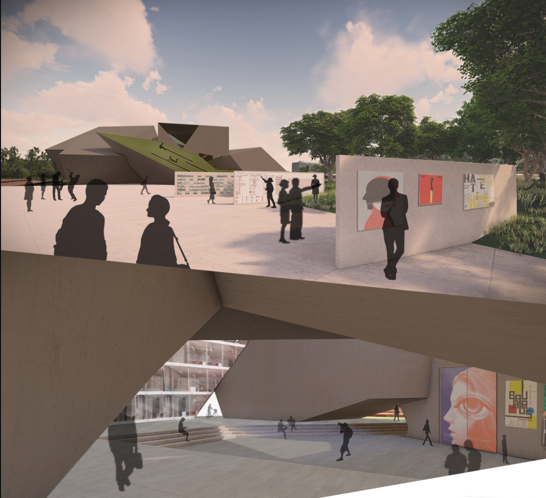Cutaway view showing the sunken courtyard below the plaza with silhouetted figures