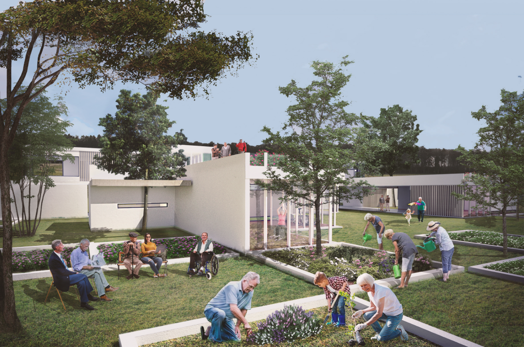 Elderly residents engage in gardening and social activities within the modular therapeutic landscape.