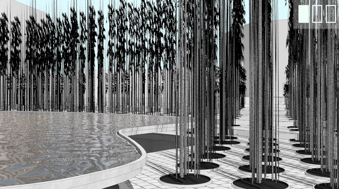 Reflective water body adjacent to vertical bamboo cemetery, evoking tranquility and natural symbolism.