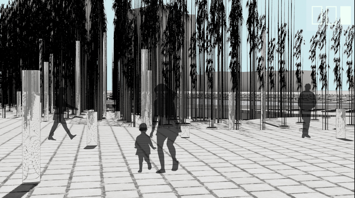 Daytime interaction within the bamboo grove, enhanced by sculptural glass light tubes symbolizing remembrance.