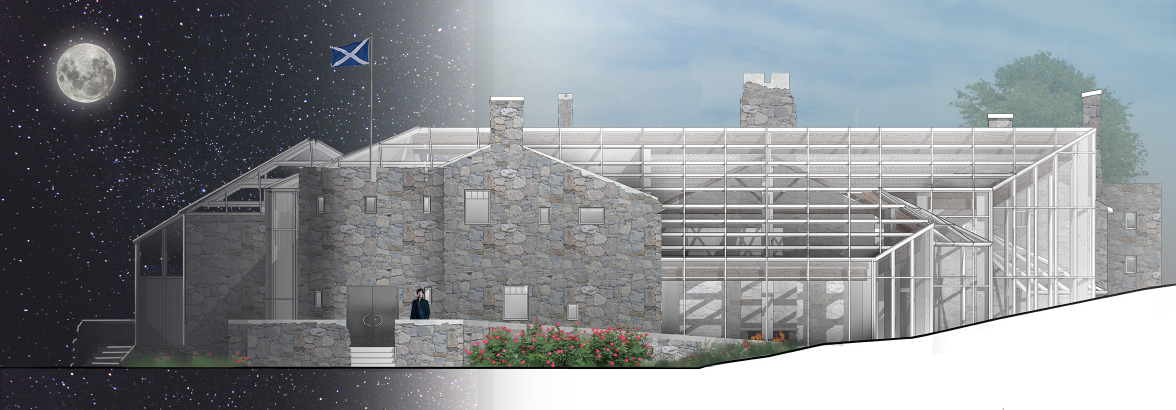 A juxtaposition of traditional Scottish stone and transparent glass, symbolizing the duality of mental isolation and social healing.