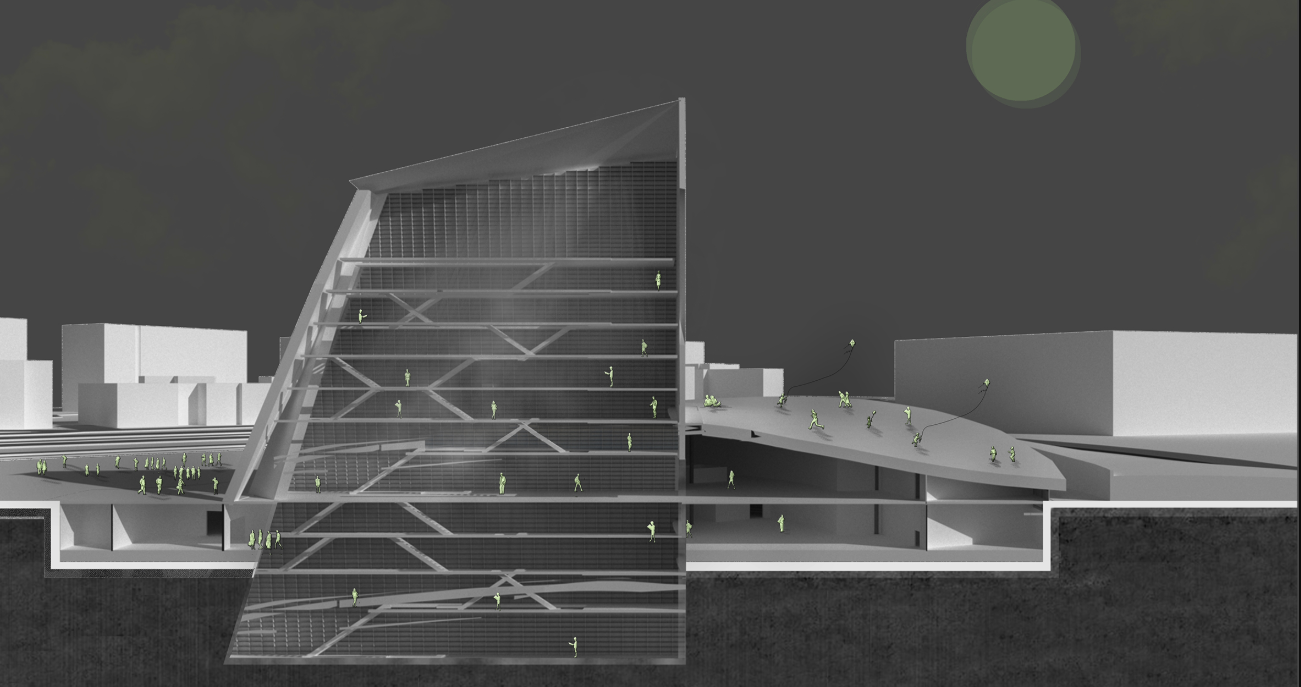 Physical model showing the triangular tower with exposed diagonal structure rising from a curved adjacent plaza