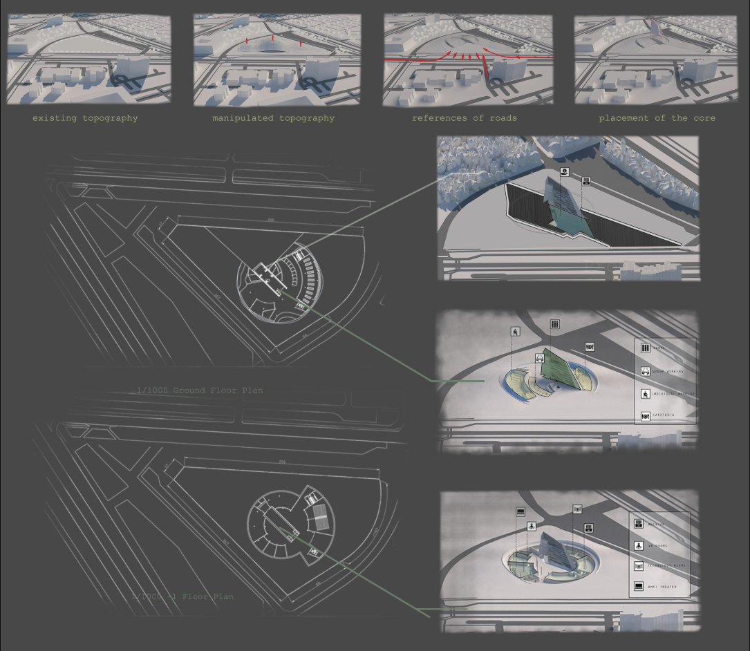 Diagram board illustrating topography manipulation and ground floor plan with aerial view insets of the site