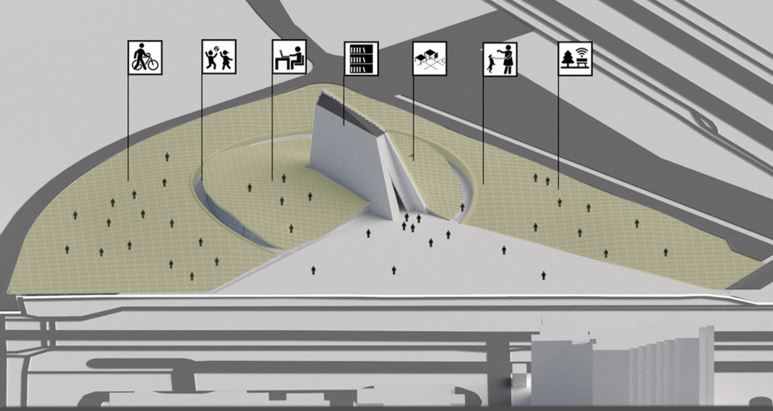 Axonometric drawing of the building with green roof surface and program icons labeling public functions