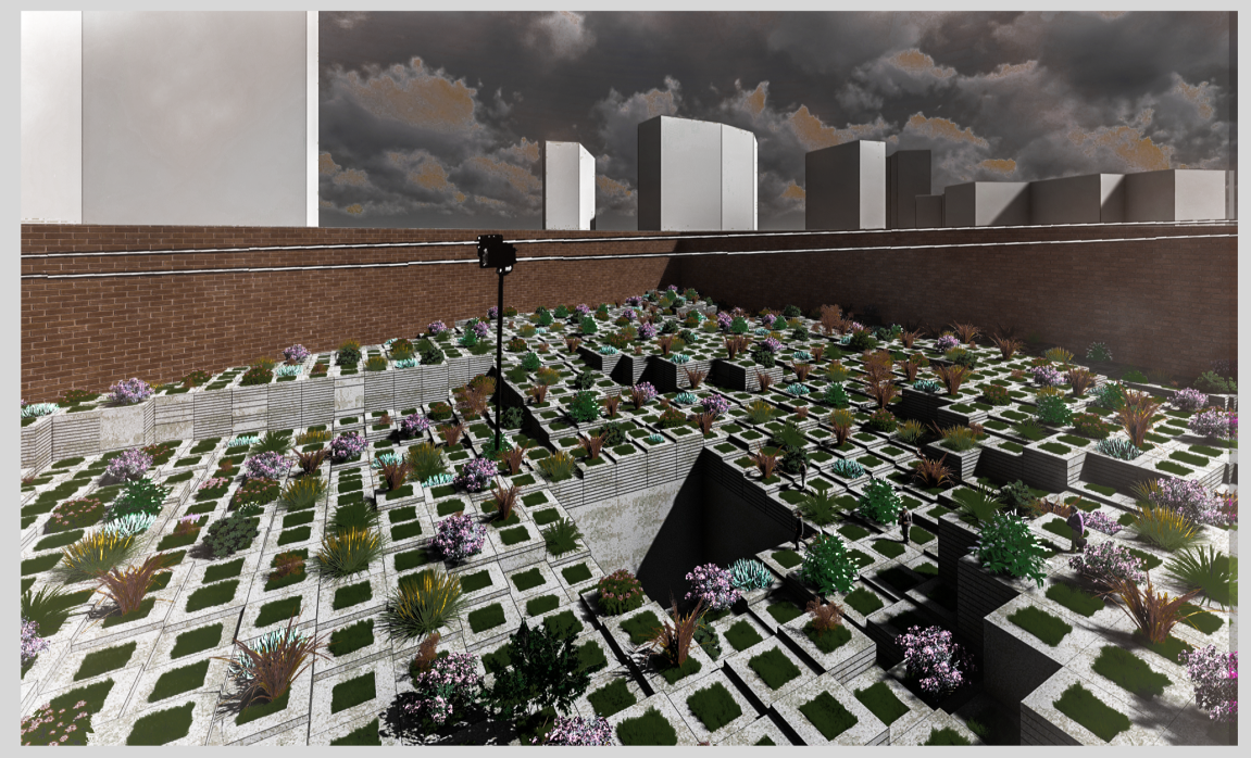 Aerial view of a perforated paving grid with planted pockets and a light pole under dramatic storm clouds