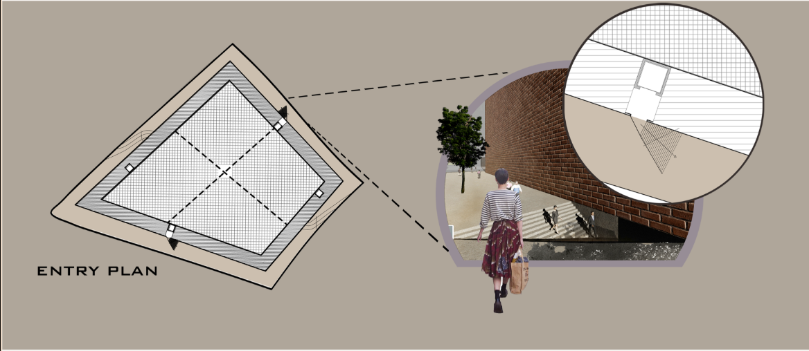 Entry plan diagram with perspective vignette showing a curved brick wall and pedestrian approaching a ramp