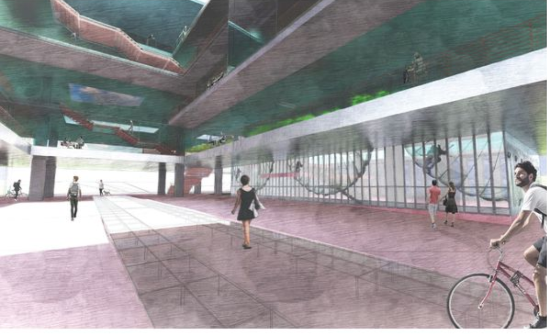 Rendering of covered plaza with exposed timber beams, glazed facades and pedestrians on pink paving