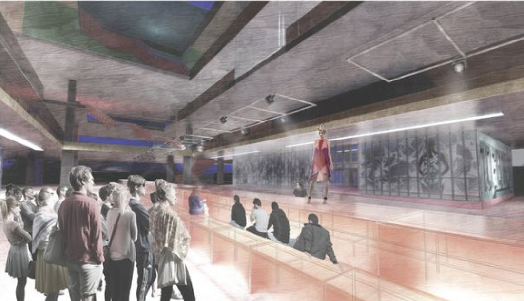 Interior rendering of exhibition space with concrete ceiling, linear lighting and crowd viewing elevated runway