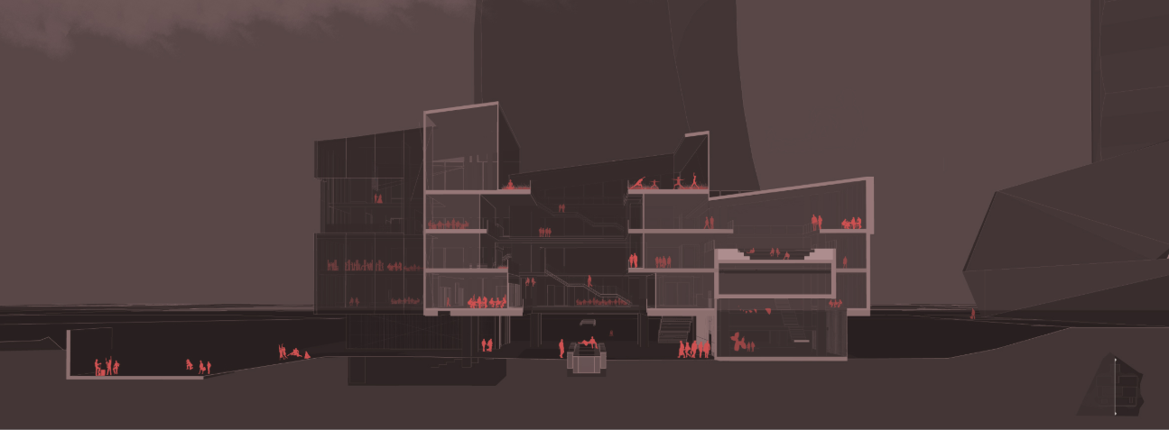Section drawing showing multi-level spaces with occupants highlighted in red throughout staggered volumes