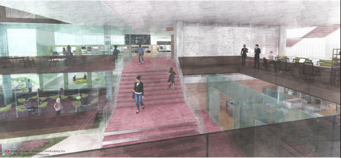 Interior rendering of multi-level atrium with pink staircase, glass floor openings and timber ceilings